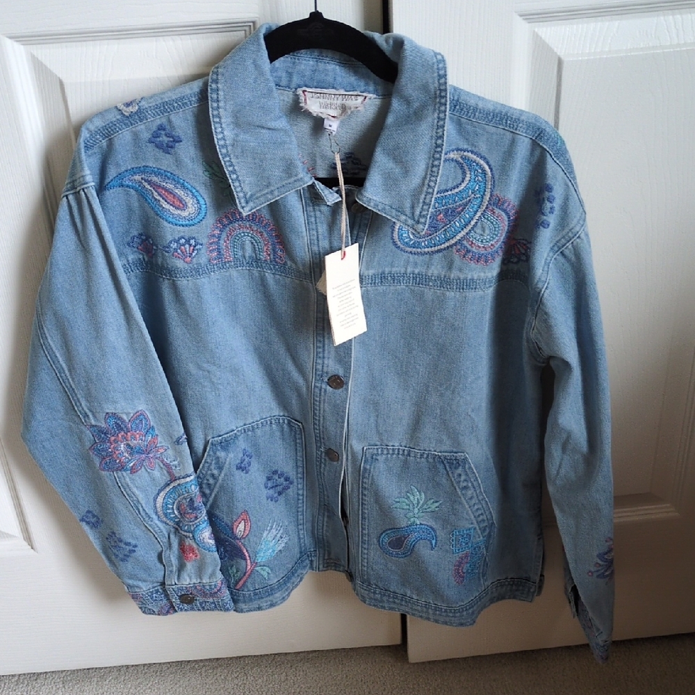Johnny Was Light Blue Embroidered Denim Jean Jacket